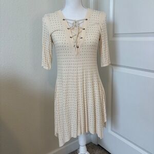 Vocal Voice of California Lace Up Rhinestone Ribbed Sharkbite Dress Cream Small